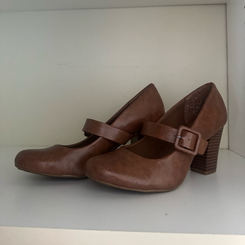 Classic Brown Mary Jane Block Heel Pumps